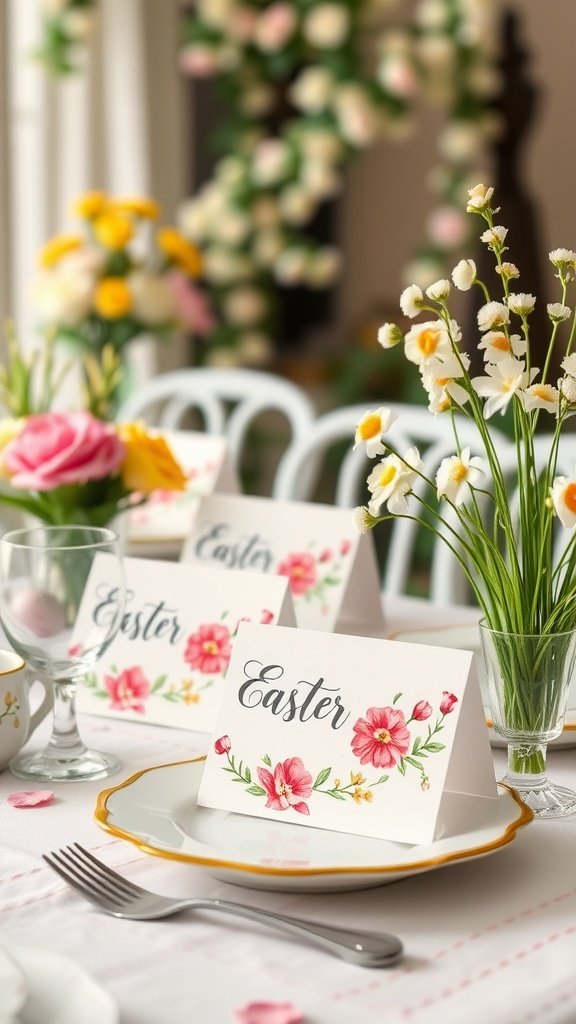 35 Charming Easter Tea Party Ideas for a Festive Celebration Beautifully designed whimsical place cards for an Easter tea party, featuring floral decorations.