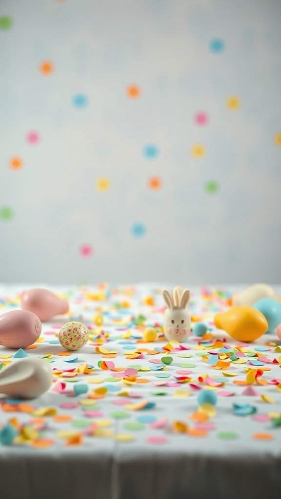 35 Easter Tablescape Ideas for a Festive Celebration A table decorated with colorful confetti and Easter-themed items including eggs and bunny figurines.