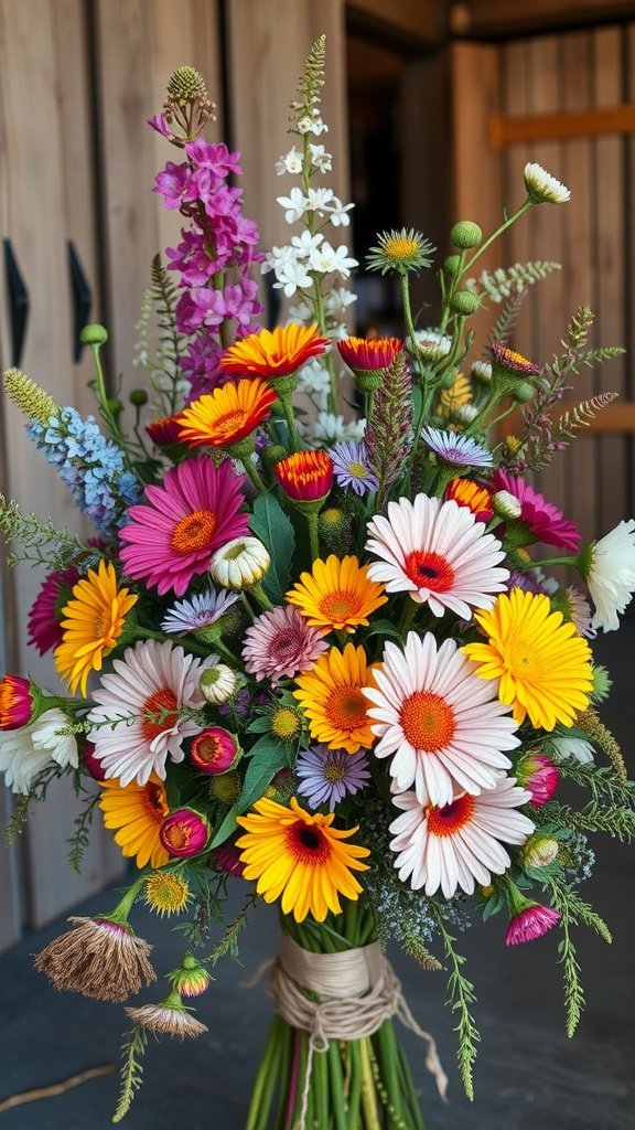 35 Stunning Fall Wedding Flowers That Will Make Your Guests Swoon! A colorful bouquet of wildflowers, including daisies, gerberas, and various wild blooms, tied with natural twine.