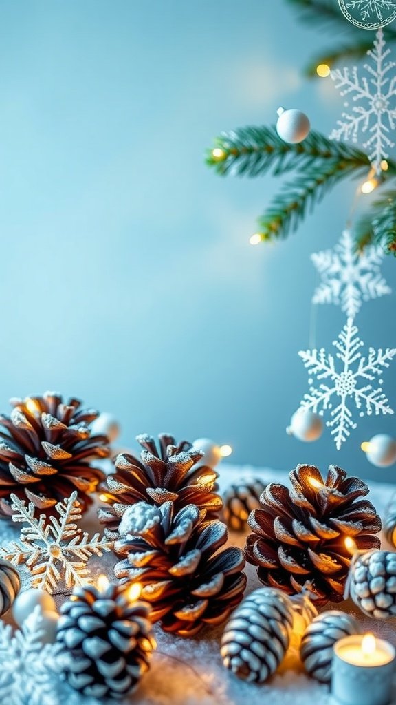 35 Enchanting Ideas for a Magical Winter Wedding A whimsical winter decor setup featuring pinecones, snowflakes, and candles.
