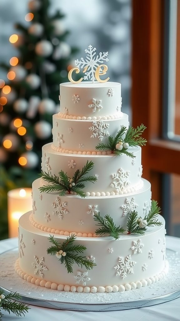 35 Enchanting Ideas for a Magical Winter Wedding A beautifully decorated winter wedding cake with snowflake designs and evergreen accents.