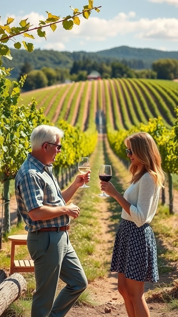 25 Creative Double Date Ideas That Will Spark Your Imagination! Couple enjoying wine at a vineyard with rows of grapevines in the background. Double Date Ideas