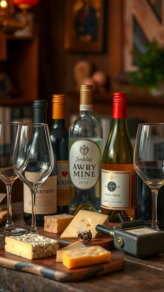 25 Cozy Indoor Date Ideas That'll Ignite the Spark (Prepare for Romance!) A cozy wine tasting setup with bottles of wine and an assortment of cheeses on a wooden table. Indoor Date Ideas