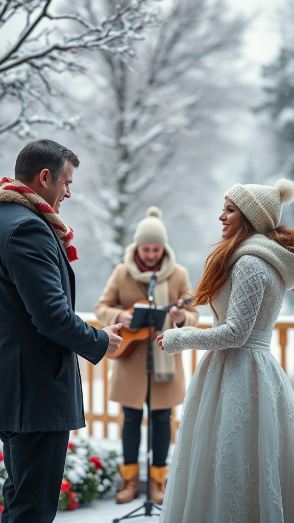 35 Enchanting Ideas for a Magical Winter Wedding A couple smiling at each other during a winter wedding ceremony with a musician playing in the background