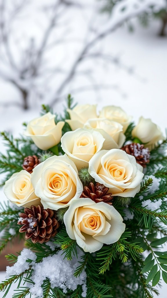35 Enchanting Ideas for a Magical Winter Wedding Winter-themed floral arrangement featuring creamy roses, pinecones, and evergreen branches with snow in the background.