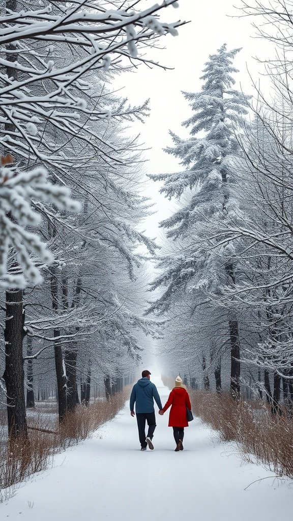 25 Cozy Winter Date Ideas That'll Melt Your Heart (You Won't Believe #5!) Couple walking hand in hand on a snowy path surrounded by trees. Winter Date Ideas