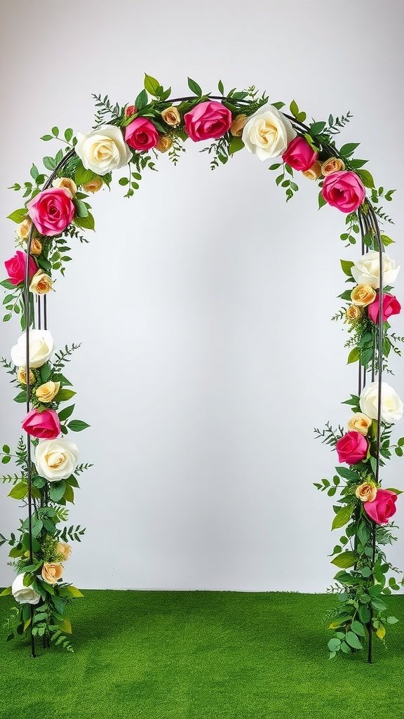 25 Unique Rustic Wedding Arch Ideas to Make Your Ceremony Unforgettable (Trust Us, #3 Is a Show-Stopper!) Wire frame wedding arch decorated with fabric flowers and greenery