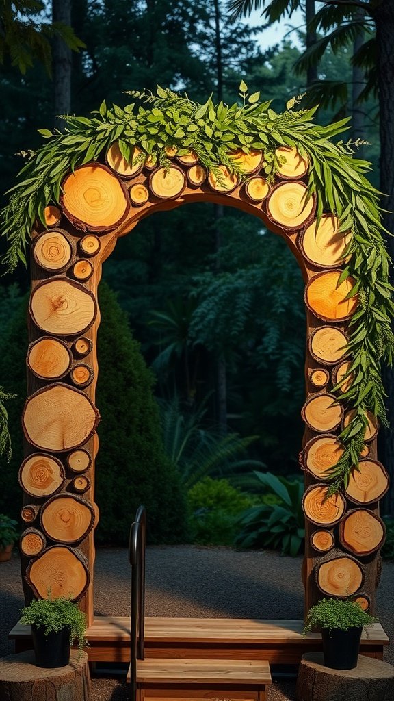 25 Unique Rustic Wedding Arch Ideas to Make Your Ceremony Unforgettable (Trust Us, #3 Is a Show-Stopper!) Wood slice arch adorned with greenery in a natural setting
