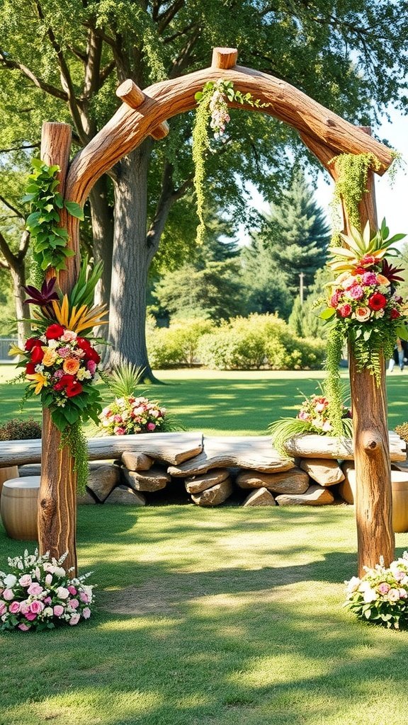 25 Unique Rustic Wedding Arch Ideas to Make Your Ceremony Unforgettable (Trust Us, #3 Is a Show-Stopper!) A rustic wooden log arch adorned with colorful floral arrangements, set in a green outdoor environment.