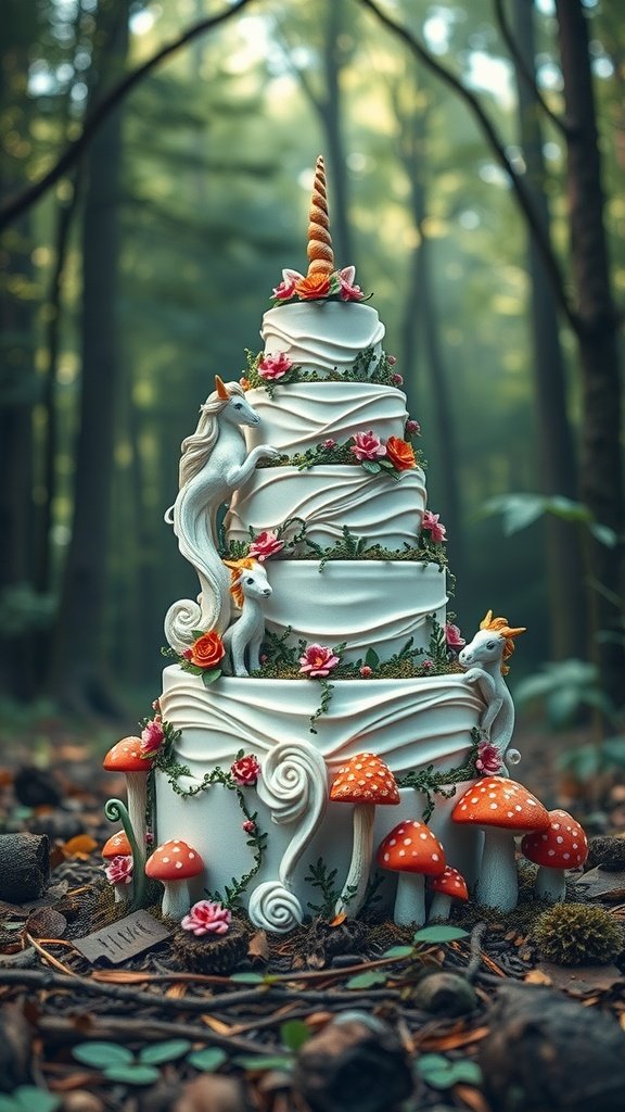 35 Enchanting Forest Wedding Cake Recipes for Your Dream Celebration A whimsical multi-tiered cake decorated with woodland themes, featuring fondant flowers and edible decorations.
