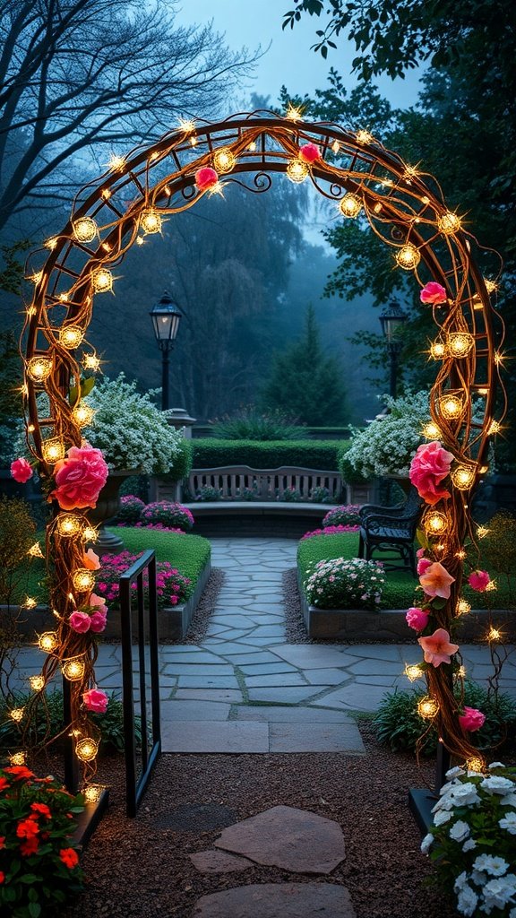 25 Unique Rustic Wedding Arch Ideas to Make Your Ceremony Unforgettable (Trust Us, #3 Is a Show-Stopper!) A wrought iron arch decorated with fairy lights and pink flowers in a garden setting.