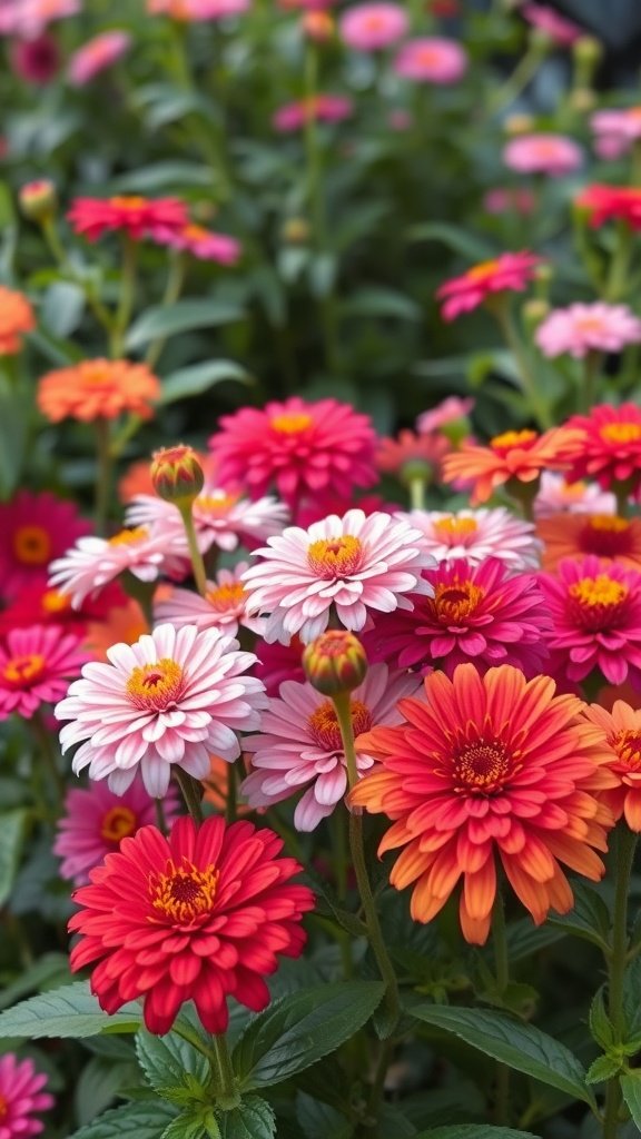 35 Enchanting Spring Wedding Flowers for Your Dream Celebration Colorful zinnias in shades of red, pink, and orange in a garden setting