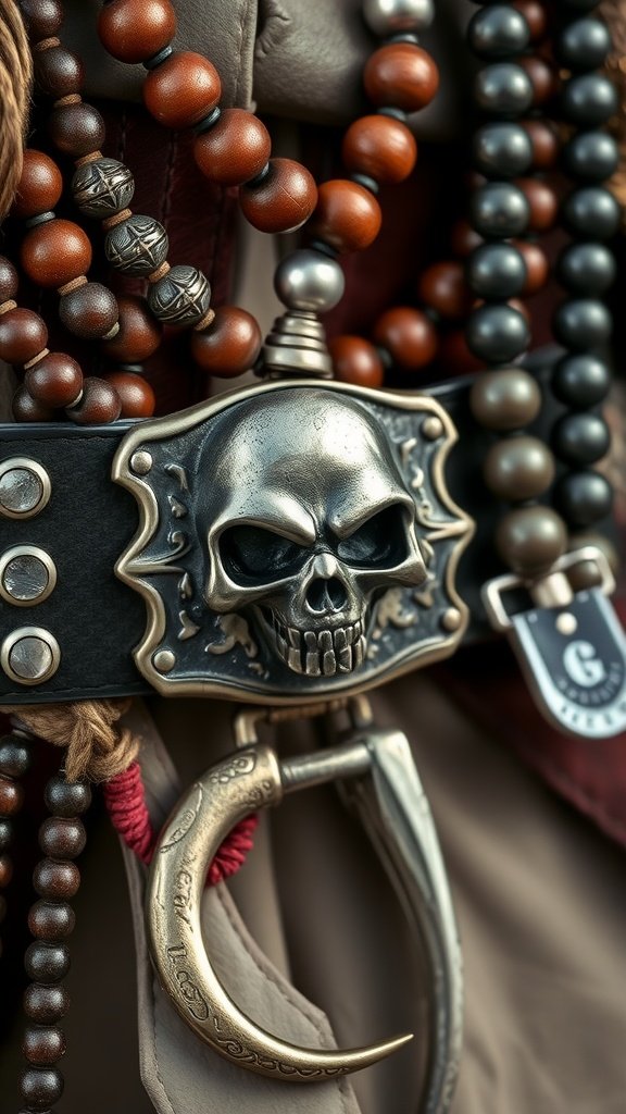 25 Must-Have Accessories for the Ultimate Pirate Costume Close-up of pirate costume accessories including a skull belt buckle, beaded necklaces, and a hook hand.