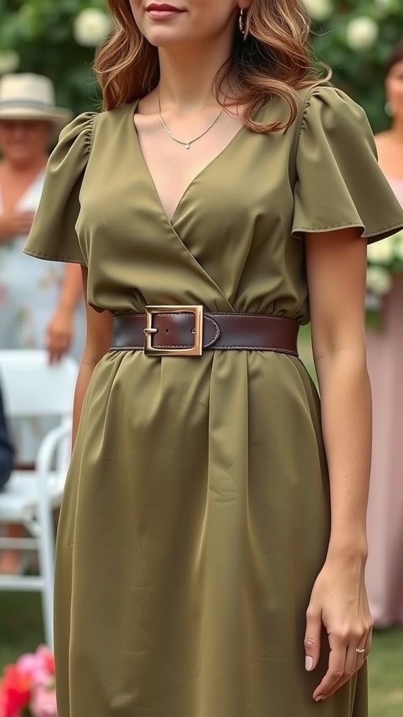35 Stunning Olive Green Dress Outfits for Weddings A woman wearing an olive green dress with a statement belt at a wedding.