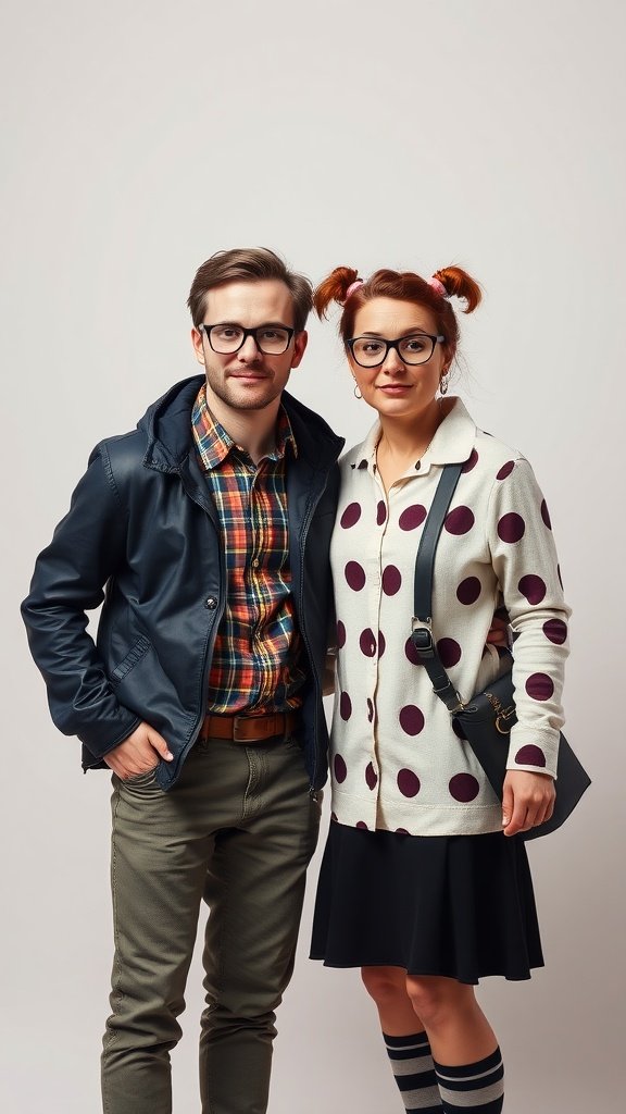 35 Best Couples Costumes for Your Next Halloween Party A couple dressed in nerdy costumes, with the man in a plaid shirt and the woman in a polka-dot cardigan.