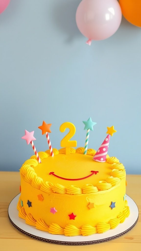 25 Fun Ideas for a 2nd Birthday Summer Party for Girls A bright yellow birthday cake with a smiley face, number '2', colorful candles, and star decorations.