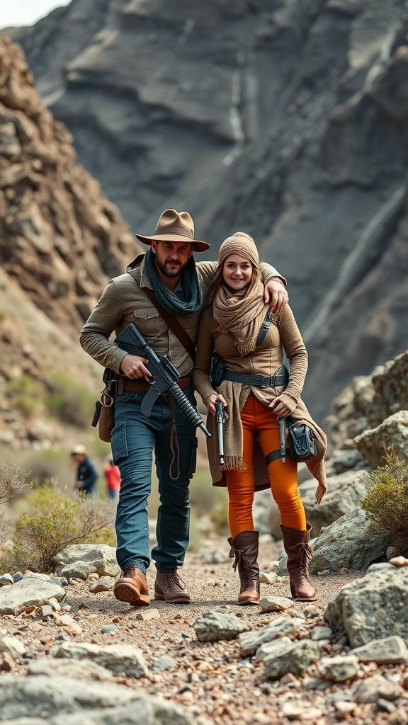35 Best Couples Costumes for Your Next Halloween Party A couple dressed as adventure movie characters, with the man in tactical gear and a hat and the woman in a stylish outfit with a scarf and orange pants, standing in a rocky outdoor setting.