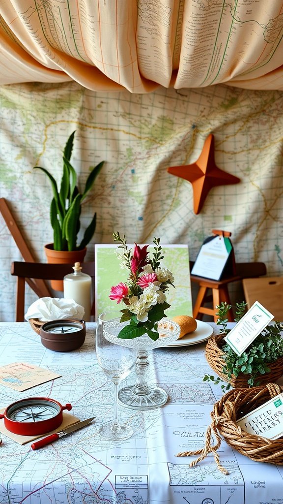 35 Creative Bridal Shower Ideas for an Unforgettable Celebration An adventure themed bridal shower setup with maps, flowers, and travel decor.