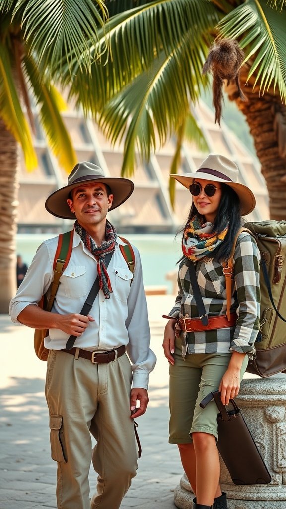35 Best Couples Costumes for Your Next Halloween Party A couple dressed as adventurous explorers, wearing khaki outfits, hats, and backpacks, standing in a tropical setting.