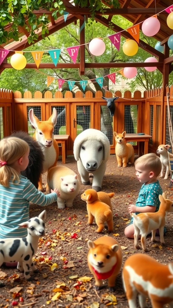 35 Creative Ideas for an Unforgettable 2nd Birthday Party Kids playing with soft toy animals in a decorated petting zoo