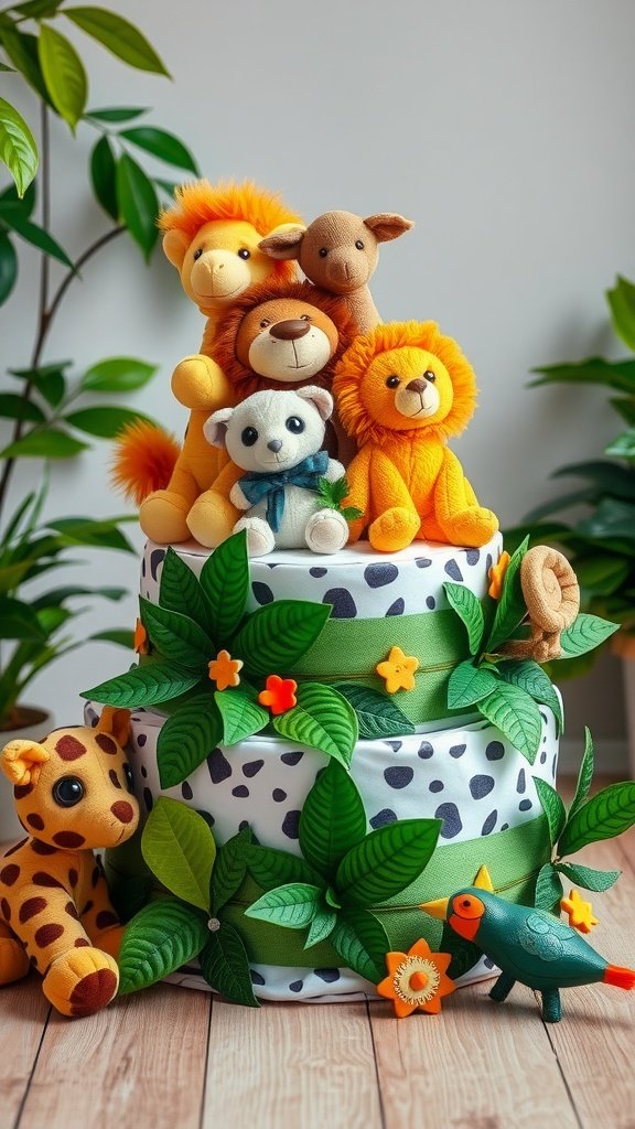 35 Adorable Diaper Cake Ideas for Baby Boys A beautifully crafted Animal Safari Diaper Cake decorated with plush toy animals and green foliage.
