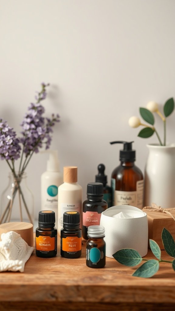 35 Creative Bridal Shower Ideas for an Unforgettable Celebration A selection of essential oils and aromatherapy products on a wooden table with flowers and candles.