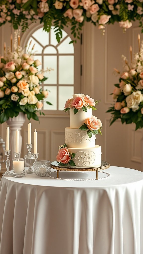 35 Stunning Romantic Wedding Decor Ideas to Inspire Your Big Day A beautifully decorated wedding cake on a table surrounded by candles and floral arrangements.