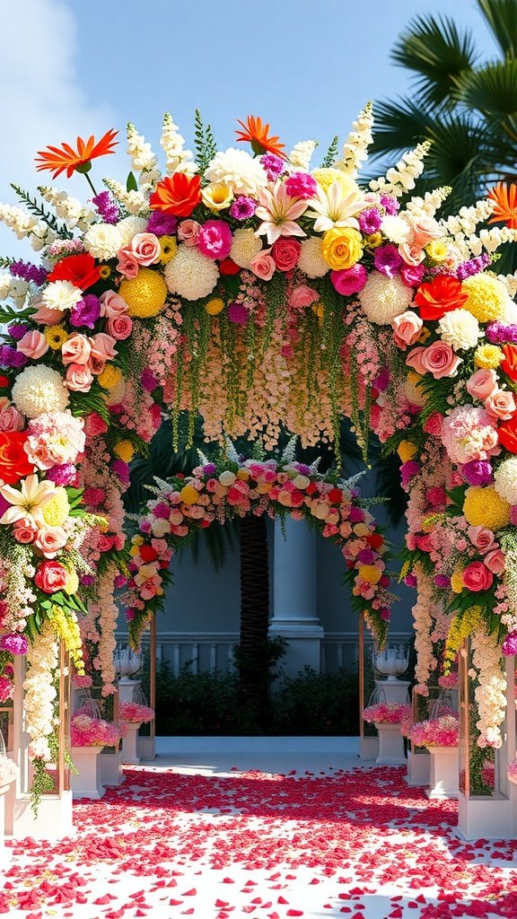 35 Stunning Romantic Wedding Decor Ideas to Inspire Your Big Day A vibrant floral arch decorated with colorful flowers, leading to an elegant wedding setting.