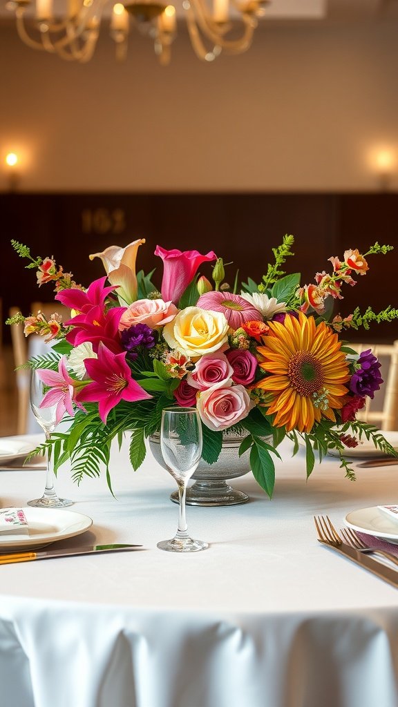 35 Stunning Romantic Wedding Table Settings for Your Special Day A beautifully arranged floral centerpiece featuring pink lilies, roses, and sunflowers on a wedding table.