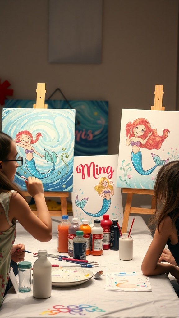 35 Creative 2nd Birthday Party Ideas for Girls Children painting mermaids on canvases with colorful paints at a birthday party