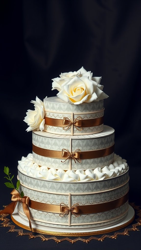 35 Adorable Diaper Cake Ideas for Baby Boys A beautifully designed three-tiered diaper cake for a baby boy, featuring gold ribbons, bows, and faux white roses.