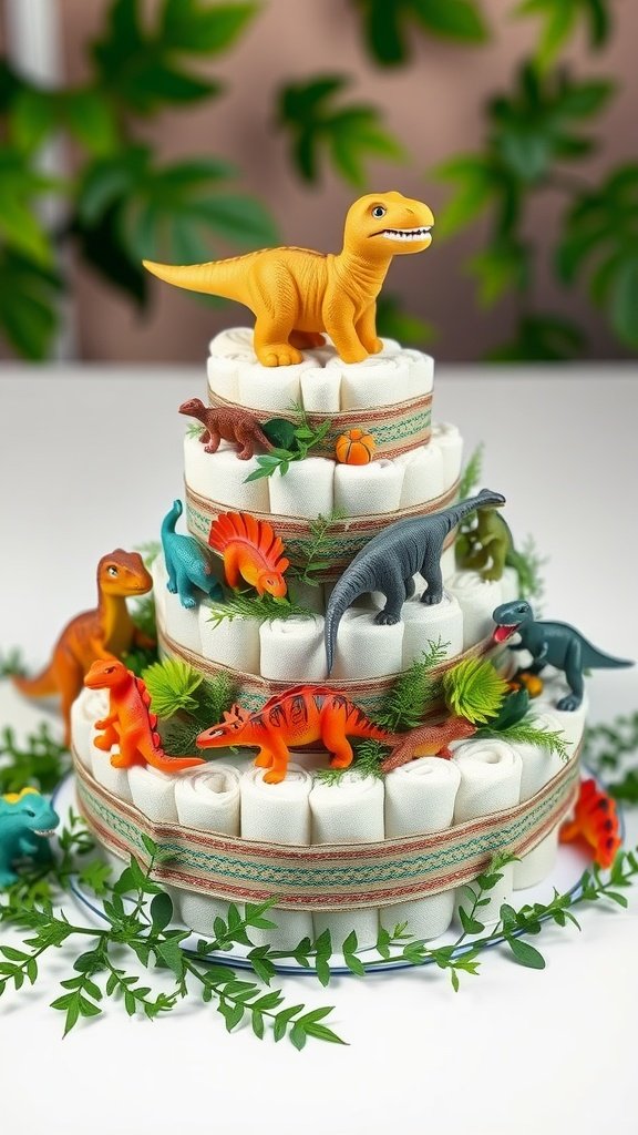 35 Adorable Diaper Cake Ideas for Baby Boys A diaper cake decorated with dinosaur toys, greenery, and ribbon, designed for a baby boy.