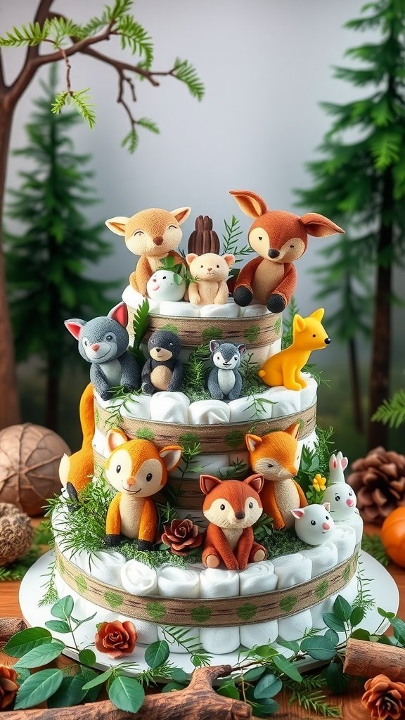 35 Adorable Diaper Cake Ideas for Baby Boys A beautifully crafted woodland-themed diaper cake featuring cute animal figures and decorated with greenery.