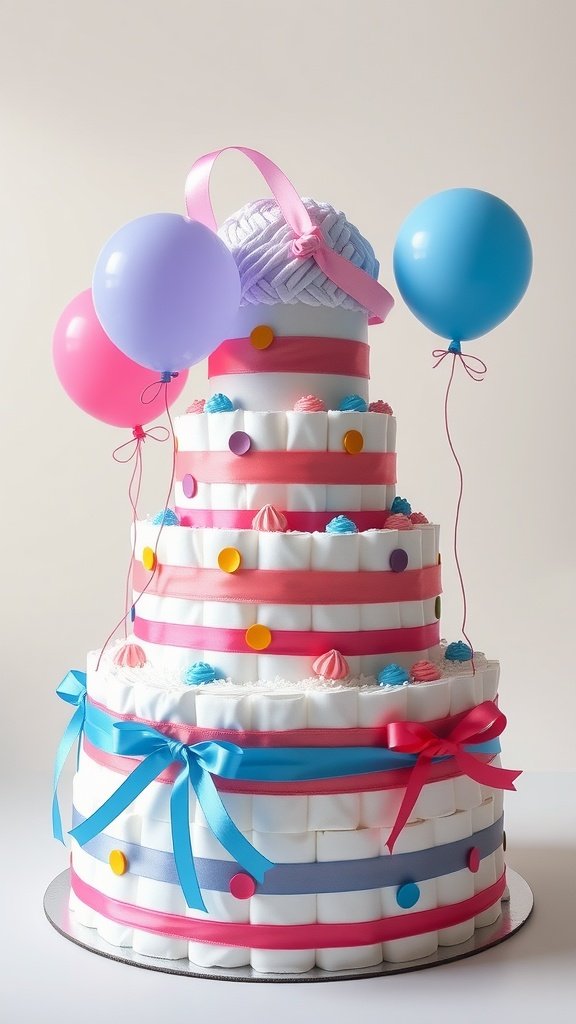 35 Adorable Diaper Cake Ideas for Baby Boys Colorful balloon diaper cake for a baby boy, featuring layers of rolled diapers and decorative accents.