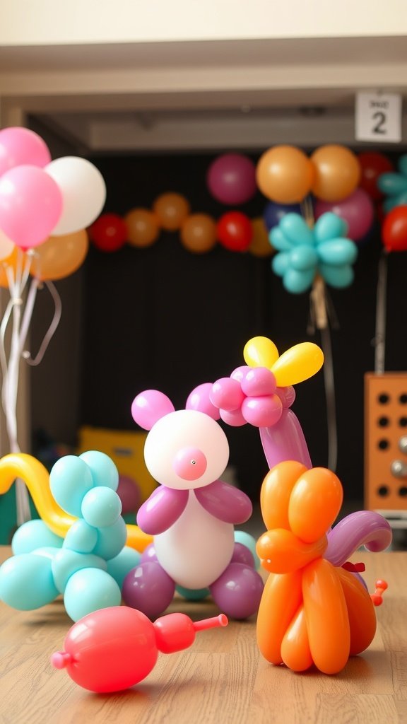 35 Creative 2nd Birthday Party Ideas for Girls Colorful balloon animals workshop setup with various balloon creations