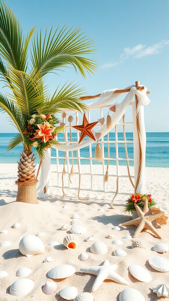 35 Creative Bridal Shower Ideas for an Unforgettable Celebration A beach-themed bridal shower setup with a wooden arch, tropical decorations, and seashells on the sand.