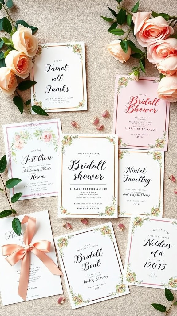 35 Creative Bridal Shower Decoration Ideas You'll Love A collection of beautifully designed bridal shower invitations with floral elements and elegant typography, arranged with roses and greenery.