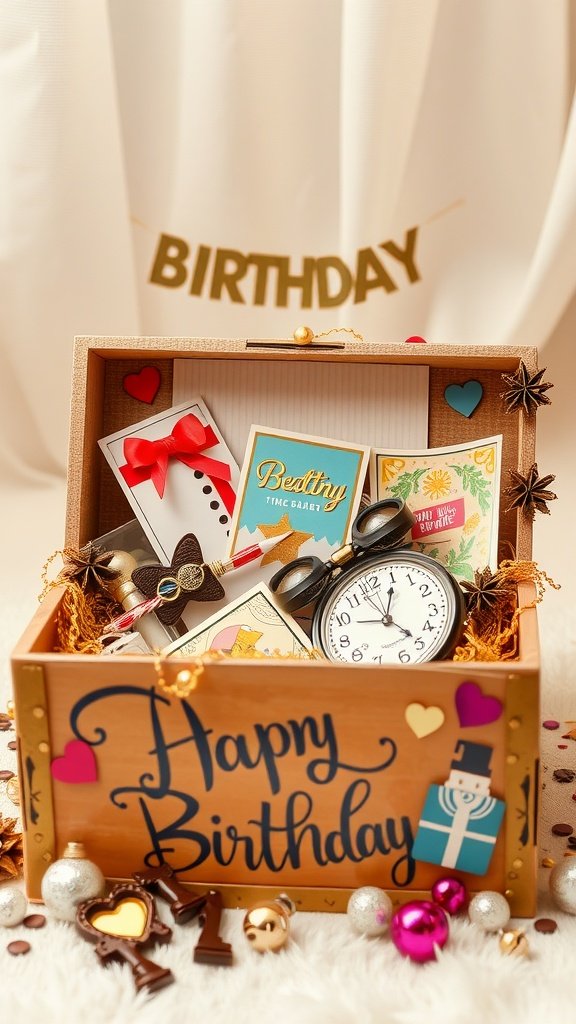 35 Creative Ideas for an Unforgettable 2nd Birthday Party A beautifully decorated birthday time capsule filled with cards, a clock, and festive decorations.