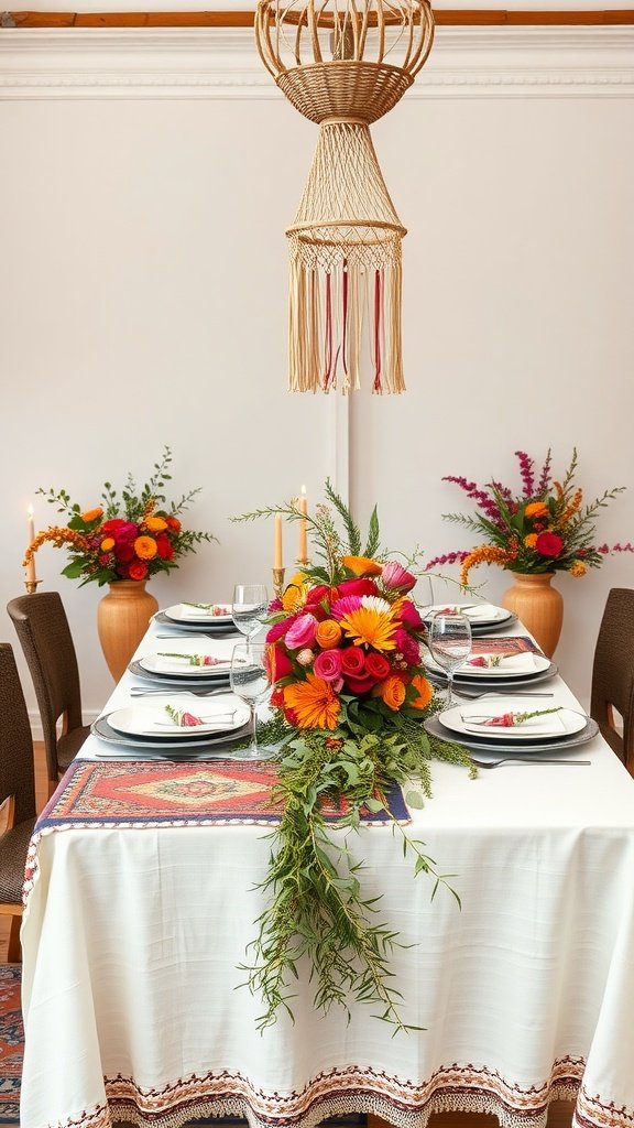 35 Stunning Romantic Wedding Table Settings for Your Special Day A beautifully arranged bohemian wedding table setting featuring vibrant flowers, elegant glassware, and a woven light fixture.