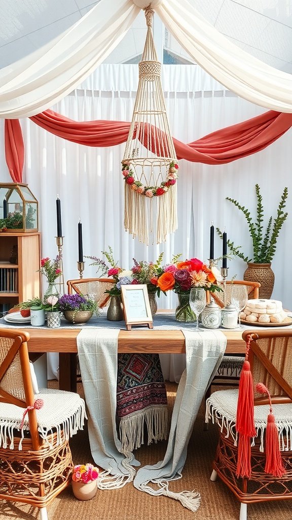 35 Creative Bridal Shower Ideas for an Unforgettable Celebration A beautifully decorated table for a boho chic bridal shower featuring flowers, macrame, and earthy tones.