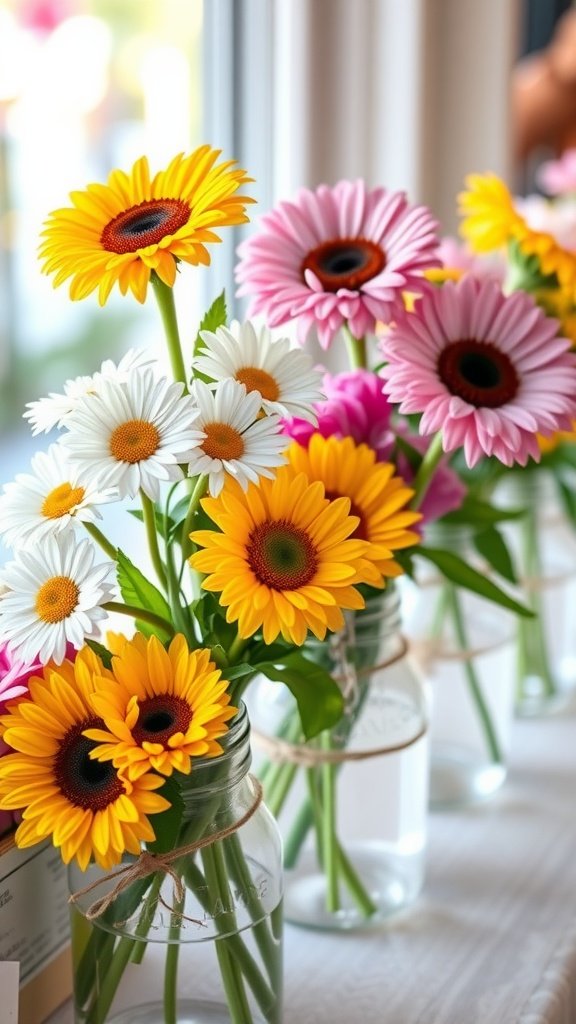 25 Fun Ideas for a 2nd Birthday Summer Party for Girls Colorful floral arrangements with sunflowers, daisies, and pink gerberas in mason jars