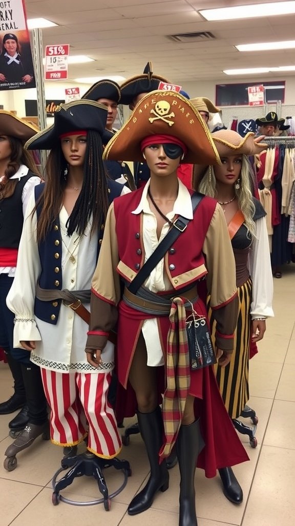 25 Must-Have Accessories for the Ultimate Pirate Costume Several pirate costumes displayed on mannequins, showcasing various styles and accessories.