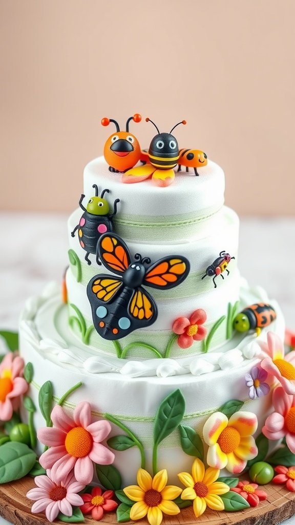 35 Adorable Diaper Cake Ideas for Baby Boys A three-tiered diaper cake decorated with colorful bugs and flowers, perfect for a baby boy celebration.