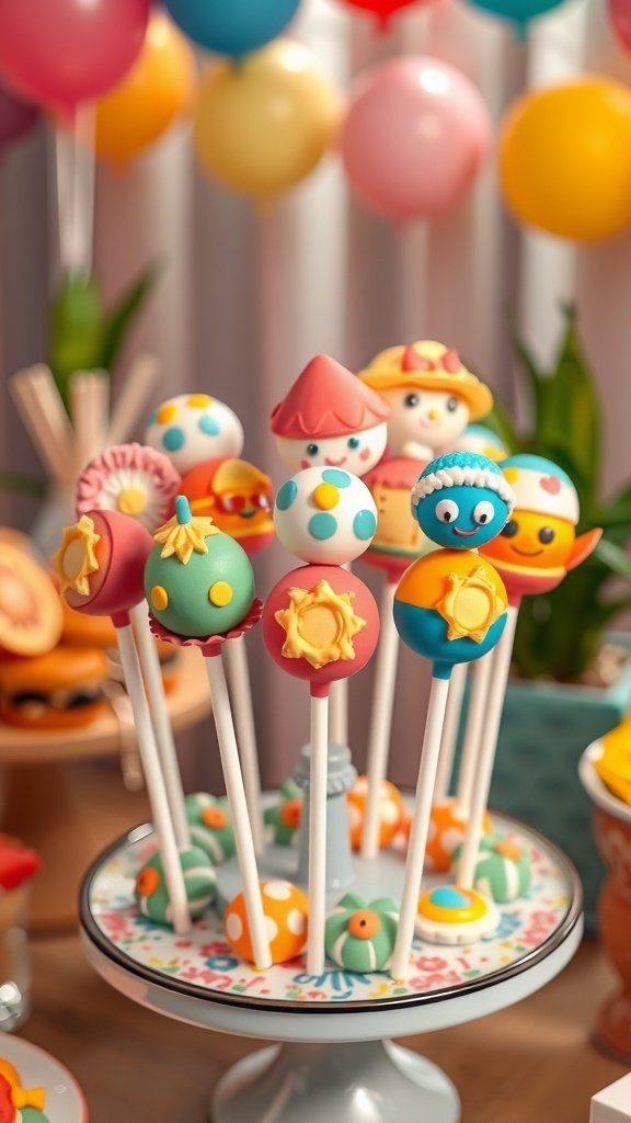 25 Fun Ideas for a 2nd Birthday Summer Party for Girls Colorful cake pops decorated for a summer birthday party, including cheerful designs like suns and smiling faces.