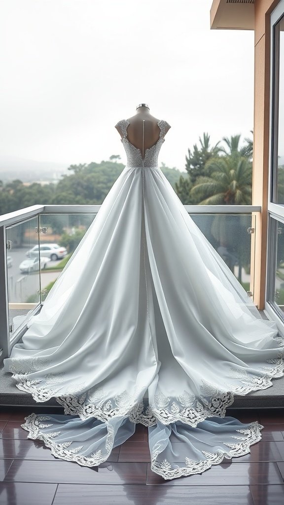 35 Breathtaking Romantic Wedding Dresses for Your Dream Day A romantic wedding dress with a cascading train and lace detailing, displayed on a mannequin.