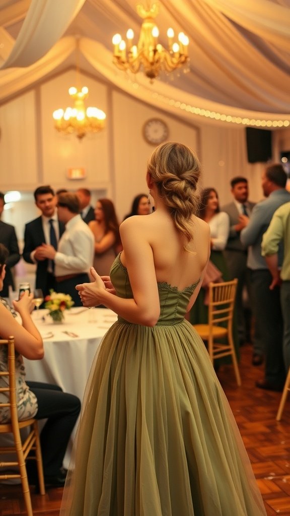35 Stunning Olive Green Dress Outfits for Weddings A woman in an olive green dress enjoys a wedding celebration, surrounded by guests in a beautiful venue.