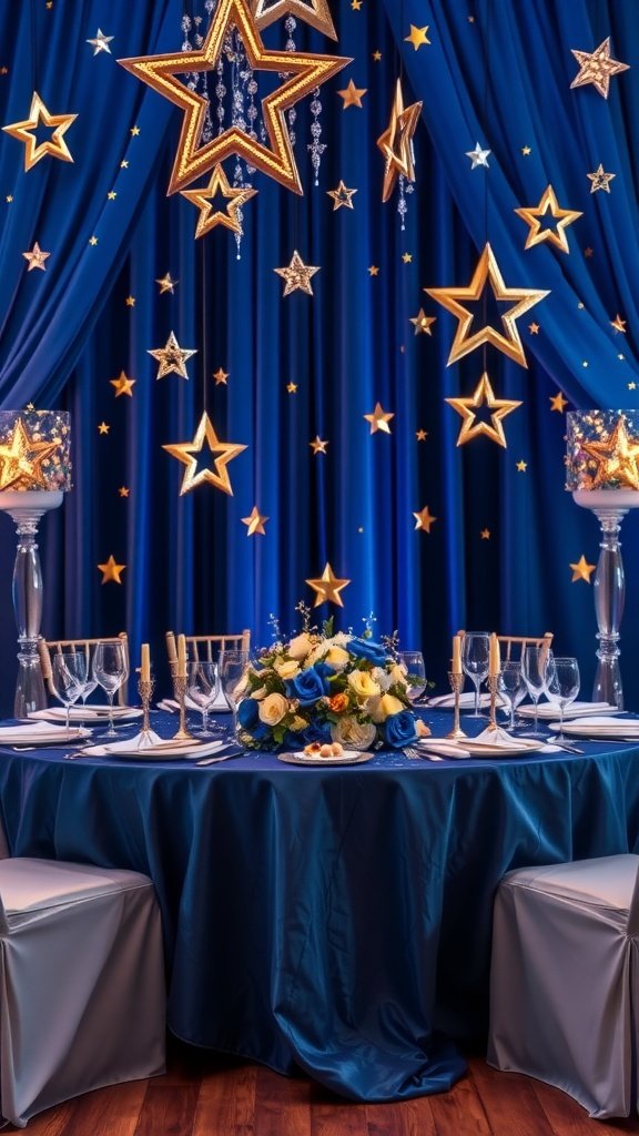 35 Stunning Romantic Wedding Table Settings for Your Special Day A romantic wedding table setting with a celestial theme featuring a blue tablecloth, gold star decorations, and a floral centerpiece.