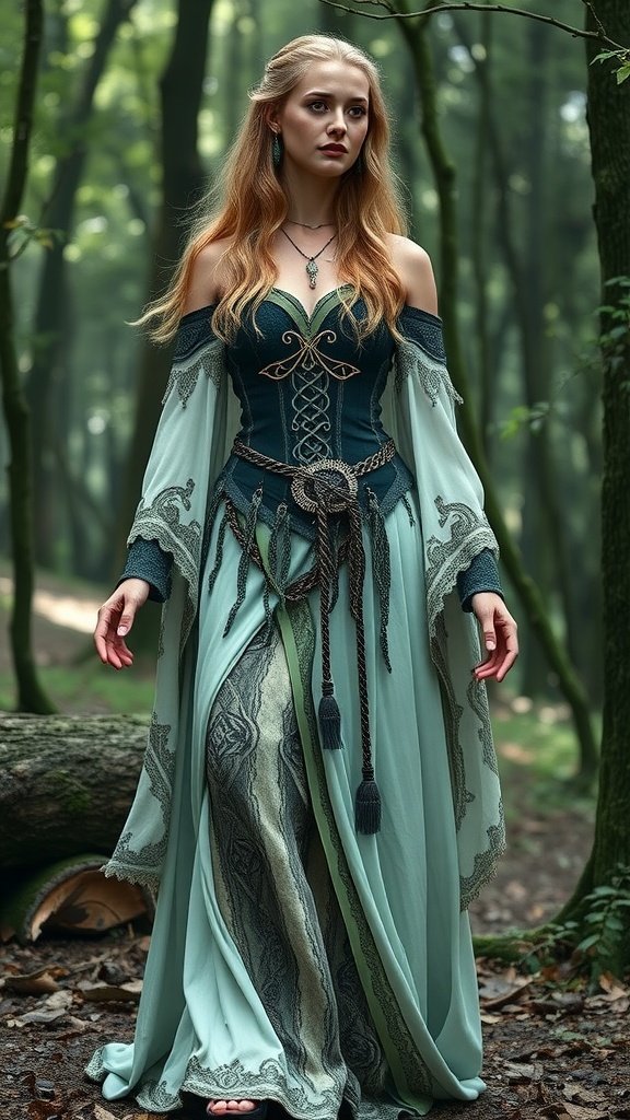 25 Creative St. Patrick's Day Costume Ideas for Everyone A model wearing a Celtic Goddess outfit, featuring a flowing gown with intricate designs, set in a forest background.