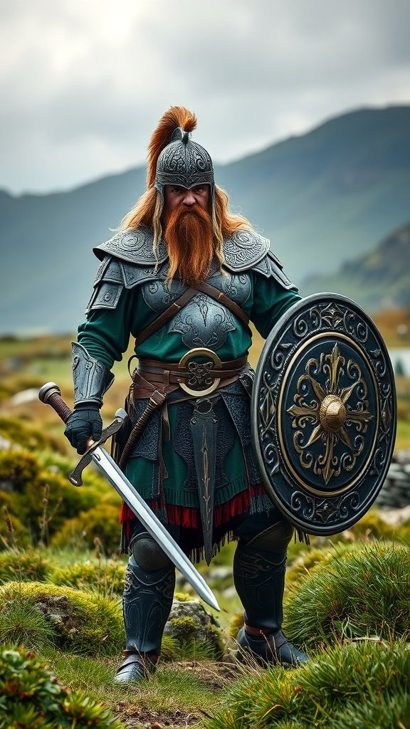 25 Creative St. Patrick's Day Costume Ideas for Everyone A person dressed as a Celtic warrior in a green costume, holding a sword and shield, set against a scenic landscape.