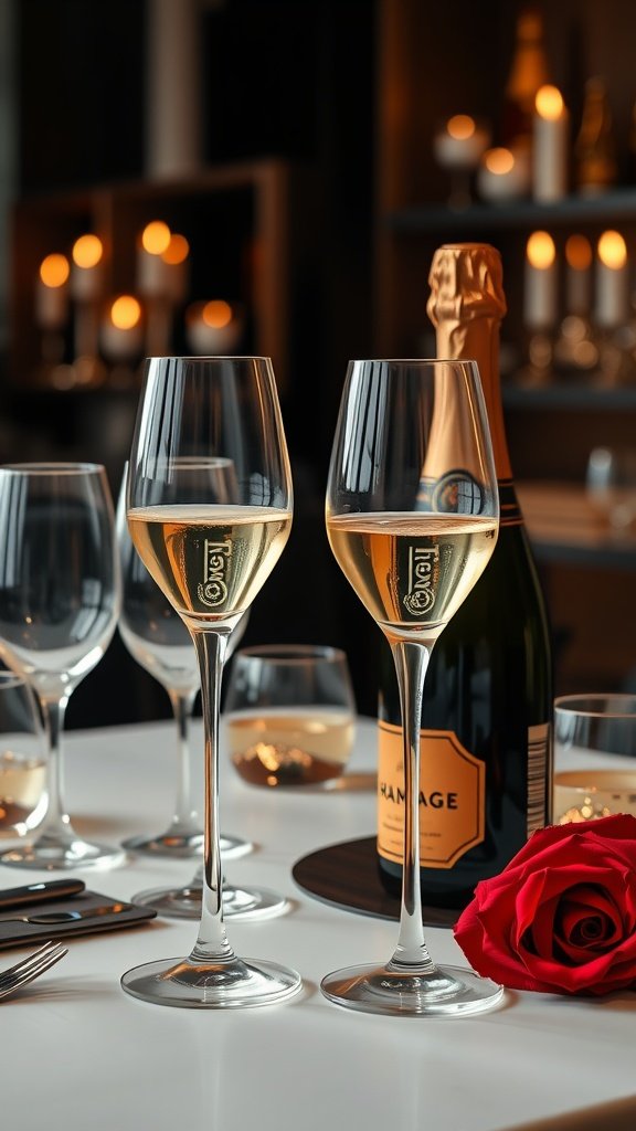35 Creative Bridal Shower Ideas for an Unforgettable Celebration Two champagne glasses with a bottle of champagne and a rose, set in a warm, candlelit atmosphere.